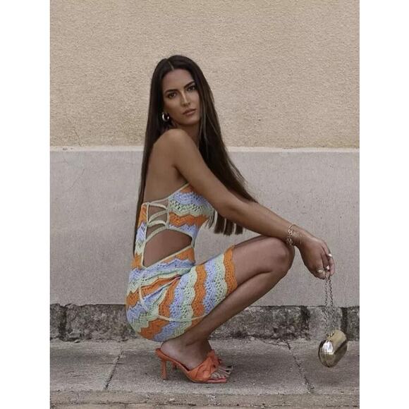Zara Striped Halter Cut Out Crochet Limited Edition Mini Dress Multi Women's S - Picture 2 of 6